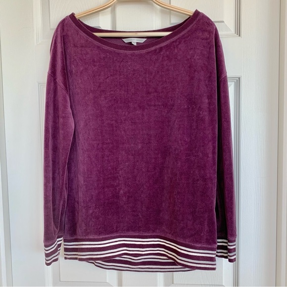 Purple Velour Pullover Varsity Stripe Tunic Top Sweatshirt - Picture 1 of 4